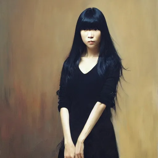 Prompt: portrait of a beautiful korean girl with long hair and bangs, an angry expression, wearing a tuxedo, oil on canvas, elegant pose, masterpiece, Jonathan Yeo painting
