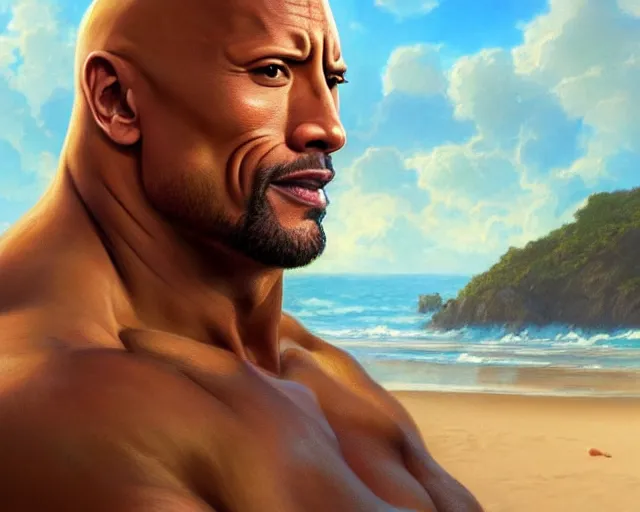 Image similar to photography of dwayne johnson wearing a bikini at the beach, deep focus, d & d and mtg, fantasy, intricate, elegant, highly detailed, digital painting, artstation, concept art, matte, sharp focus, illustration, hearthstone, art by artgerm and greg rutkowski and alphonse mucha