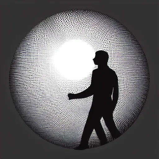 Image similar to optical illusion of a man looking into a reflective sphere illustration stippling hd