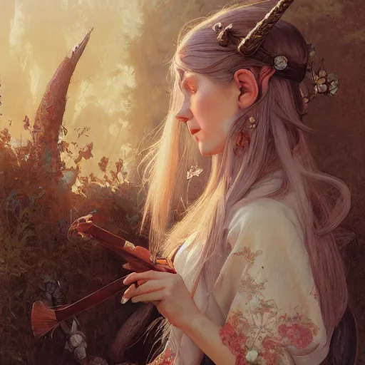 Prompt: elf fairy, bard, lute, art student, cardigan, blonde, highly detailed, intricate, digital painting, artstation, sharp focus, illustration, art by jakub rozalski, greg rutkowski, artgerm, tan zi and ayanamikodon and alphonse mucha and wlop