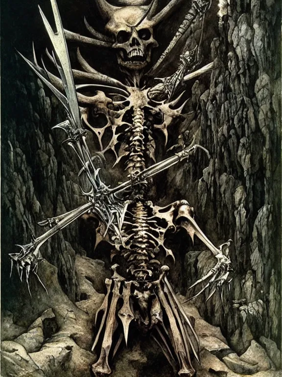 Prompt: A spiked horned skeleton with armored joints stands in a large cave with a huge weapon. Extremely high detail, realistic, fantasy art, solo, masterpiece, bones, ripped flesh, art by Zdzisław Beksiński, Arthur Rackham, Dariusz Zawadzki