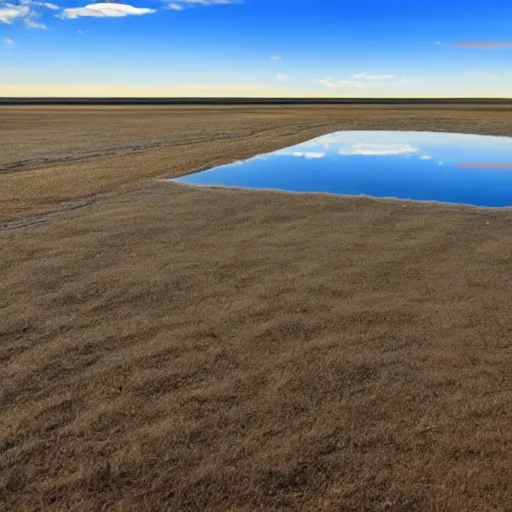 Prompt: a still reflective water plain which encompasses everything up to the horizon, with a blue sky above it and perfectly reflected within it, no greenery, no plants, no grass, no trees