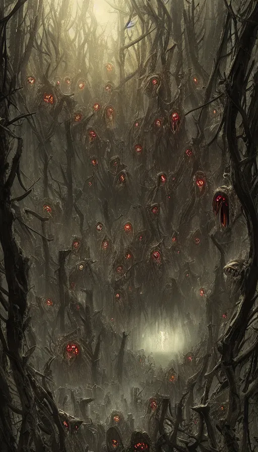 Image similar to a storm vortex made of many demonic eyes and teeth over a forest, by wlop