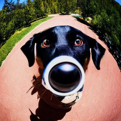 Prompt: fisheye photo of a dog poking its nose at the camera