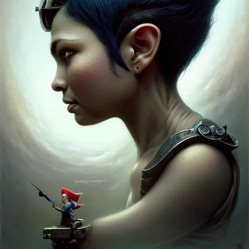 Image similar to portrait of a beautiful cute realistic determined female gnome engineer, black pixie undercut haircut, charming, intense stare, micro detail, intricate, elegant, highly detailed, centered, artstation, sharp focus, illustration, artgerm, tomasz alen kopera, peter mohrbacher, donato giancola, wlop