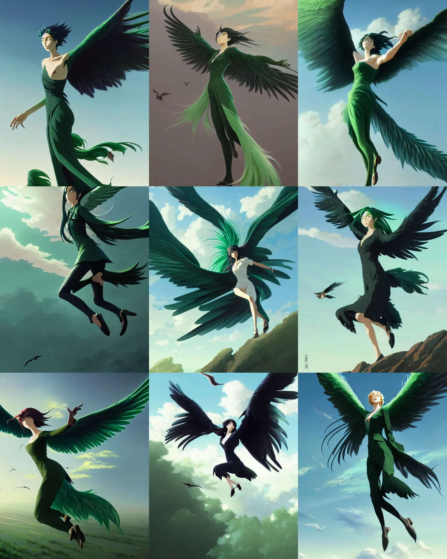 Prompt: harpy woman, green medium length feathery hair, black business suit, detailed face, exquisite details, mid view, outstretched wings cloudy sky background, by studio muti, greg rutkowski makoto shinkai takashi takeuchi studio ghibli