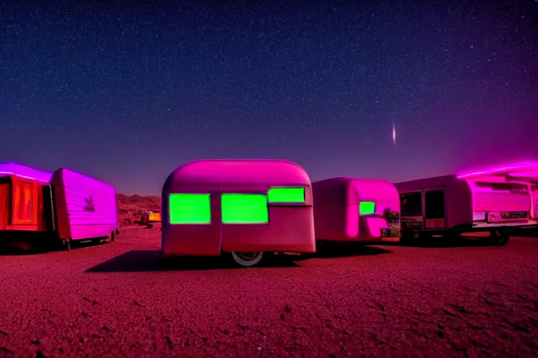 Prompt: a caravan of cyberpunk wagons moving through a star lit desert, dystopian, neon lights, dusty