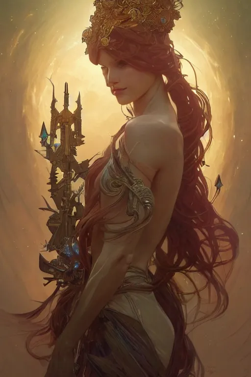 Image similar to epic portrait an space goddess, fantasy, elegant, intricate, full frontal shot, highly detailed, digital painting, artstation, concept art, sharp focus, illustration, art by artgerm and greg rutkowski and alphonse mucha