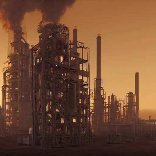 Image similar to a steampunk oil refinery in the desert that is on fire, shrouded in fog, highly detailed, 8k, sharp focus, trending on artstation