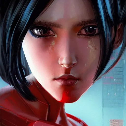 Image similar to A cyborg girl with big and cute eyes, fine-face, realistic shaded perfect face, fine details. red, black and white robotic parts. realistic shaded lighting poster by Ilya Kuvshinov katsuhiro otomo ghost-in-the-shell, magali villeneuve, artgerm, Jeremy Lipkin and Michael Garmash, Rob Rey and Kentarõ Miura style, trending on art station