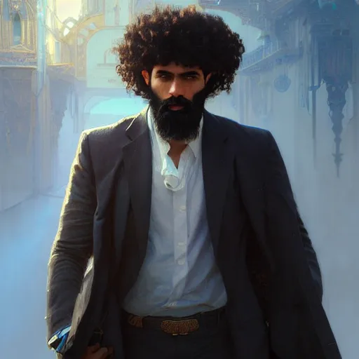 Image similar to ,Crystal blue eyes arab man with black hair curly, light beard,serious face, , by WLOP,Artgerm,Greg Rutkowski,Alphonse Mucha, Beautiful dynamic,shadows,Artstation,concept design art,Octane render,8K