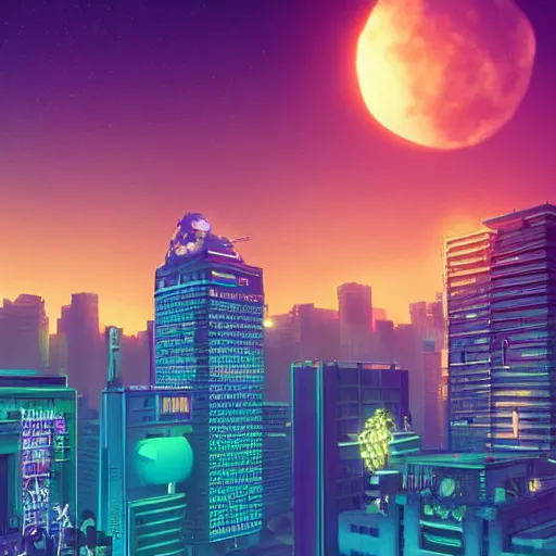 Prompt: a cityscape with a big moon, vaporwave, synthwave, glowing neon lights, detailed illustration, octane render, god rays, intricate, epic lighting, cinematic composition, hyper realistic, 8 k resolution, unreal engine 5, by artgerm, tooth wu, dan mumford, beeple, wlop, artstation