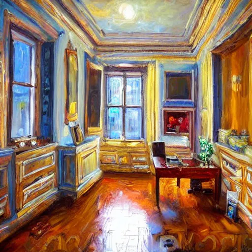 Image similar to a cozy little office nook, dmitry spiros, 8 k, wide angle,