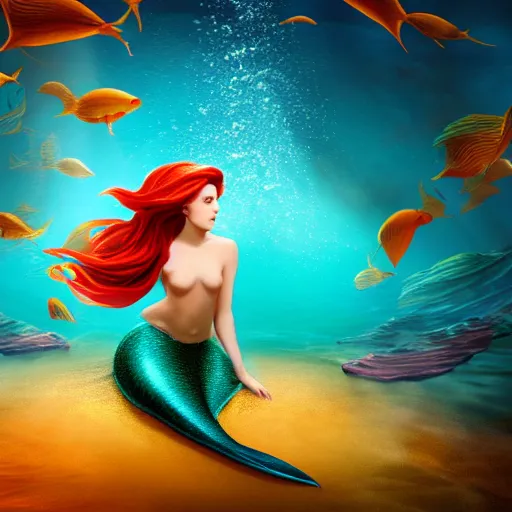 Prompt: the little mermaid swimming through a vast ocean, highly detailed face, photo realistic, full body, cinematic lighting, digital art, vivid colors, crown, 8 k