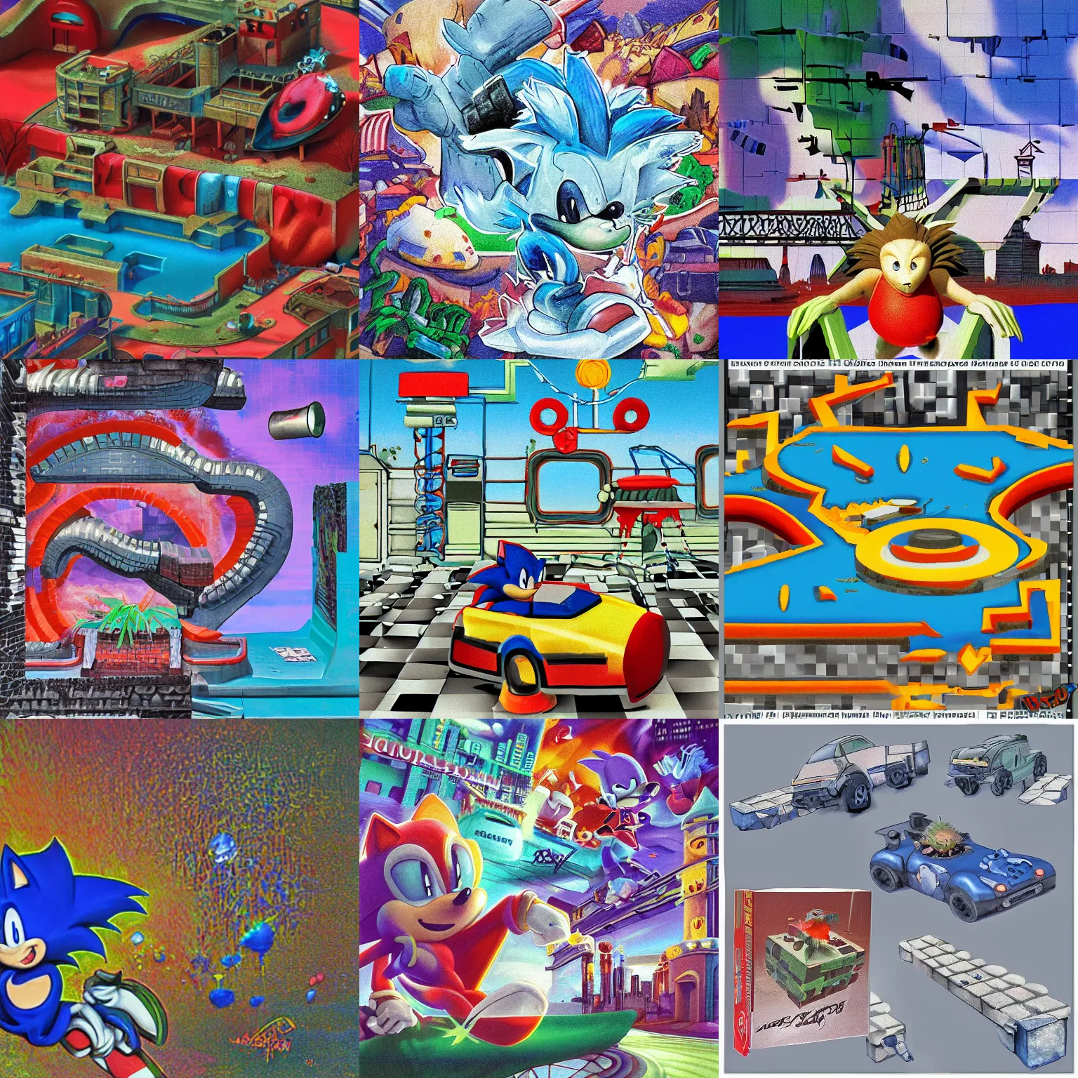 Prompt: dreaming of deconstructivist claymation portrait of sonic hedgehog and a matte painting landscape of a surreal sharp, foggy detailed professional soft pastels high quality airbrush art album cover of a liquid dissolving airbrush art lsd sonic the hedgehog swimming through cyberspace holographic checkerboard background 1 9 9 0 s 1 9 9 2 sega genesis rareware video game album cover