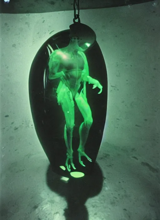 Image similar to a weird humanoid creature is suspended in a tank of dense liquid, weightlessness, tubes coming from the top of the tank connecting to the creature's body, back lit, bright green glow, 35 mm film photography