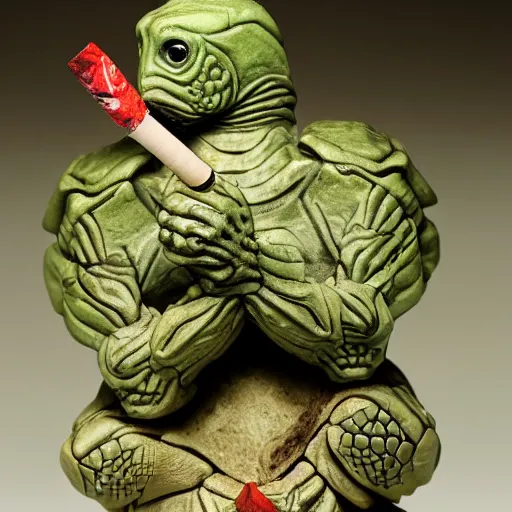 Image similar to Anthromorphic Warrior Turtle smoking a blunt