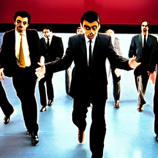 Image similar to a film still of mr bean in resevoir dogs ( 1 9 9 2 )