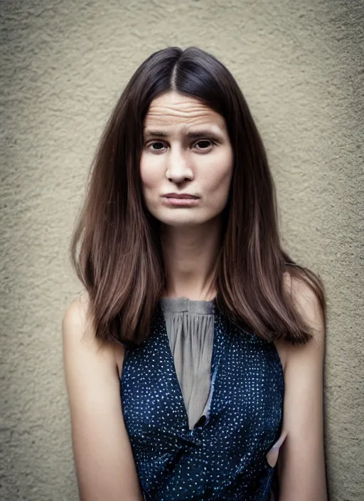 Prompt: portrait of beautiful 30-years-old French woman, with straight hair, well-groomed model, candid street portrait in the style of Martin Schoeller award winning, Sony a7R