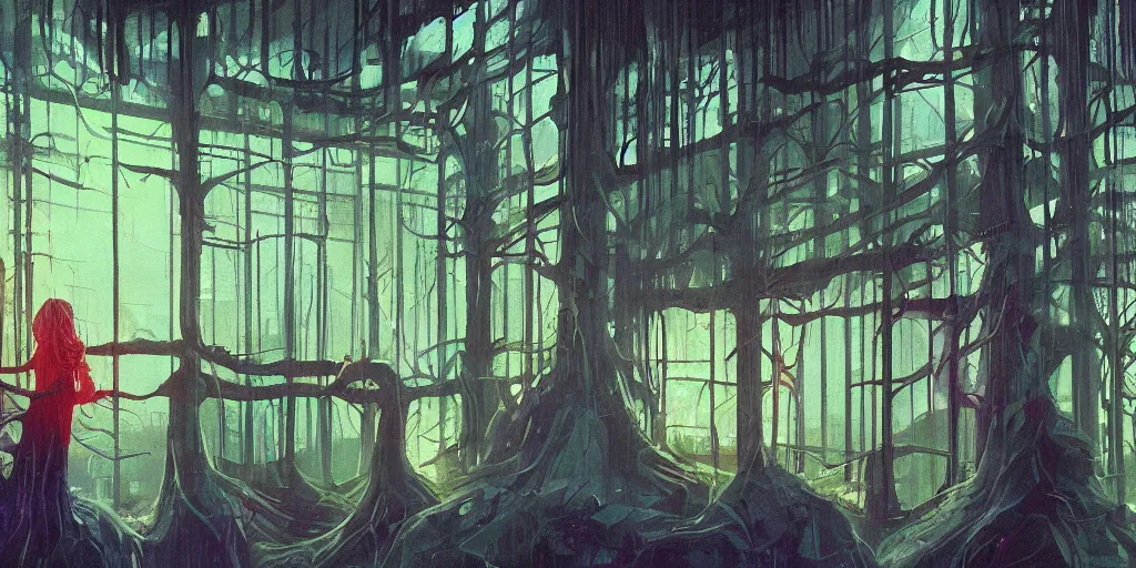 Prompt: 90s interior with organic windows, forest outside, in the style of Peter Chung, figures, bright fluorescent lights, neon colors, cinematic, cyberpunk, smooth, chrome, lofi, nebula, calming, dramatic, fantasy, by Moebius, by zdzisław beksiński, fantasy LUT, studio ghibli, high contrast, epic composition, sci-fi, dreamlike, surreal, angelic, 8k, unreal engine, hyper realistic, fantasy concept art,