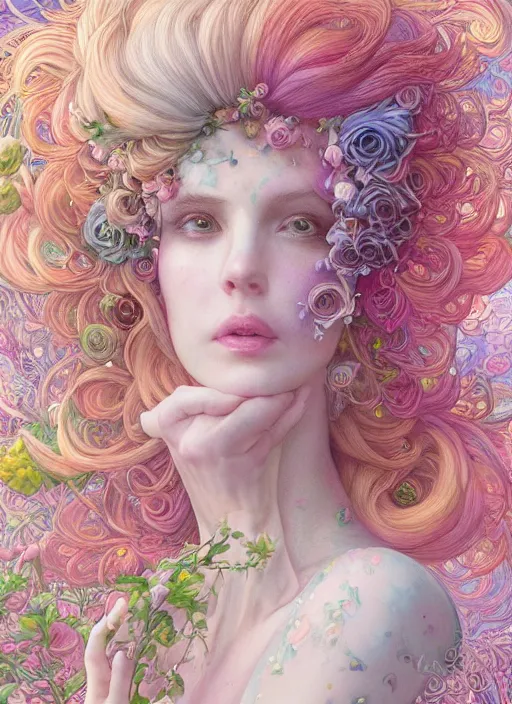Prompt: ethereal goddess of dahlias, beautiful woman with pastel hair, symmetrical face, flowers, ornamental details, cute, playful, bright pastel colors, pearlescent, fantasy, sacred geometry, featured on artstation, in the style of donato giancola and krenz cushart, intricate maximalism, epic, can't believe how detailed this is