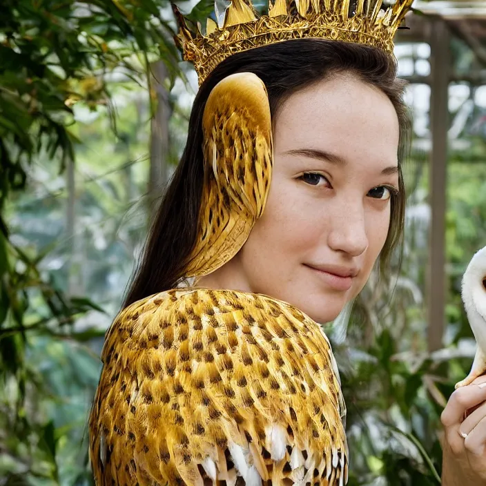 Image similar to portrait photograph of an extremely beautiful!!!! young female , symmetric face!, symmetric round detailed eyes!!, slight smile, natural light, wearing a yellow kimono!! with a very detailed barn owl! on her shoulder in a tropical greenhouse. looking at the camera!!. golden crown made of golden leaves. super resolution. Extremely detailed. Graflex camera!, bokeh!!!!! trending on artstation.