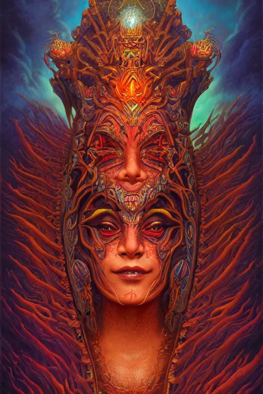 Prompt: hyper detailed, lava priestess tribal mask in the style of tarot art, matte painting by Jeremiah Ketner, Thomasz Alen Kopera, and Thomas Kinkade. artstation, insanely 3d, 4k, shamanpunk