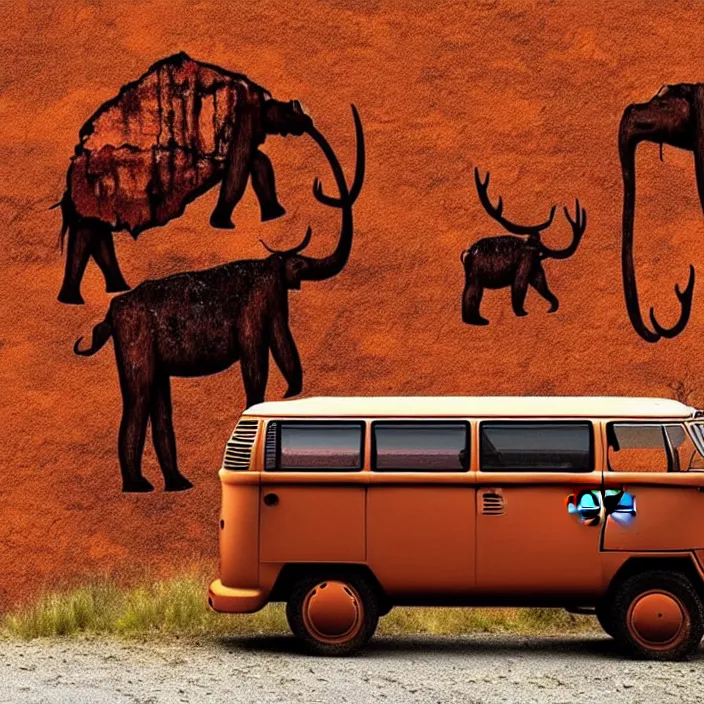 Prompt: image of ancient vw bus on the wall, mammoths and hunters, ancient prehistoric rock art in a cave style, red ocher paint