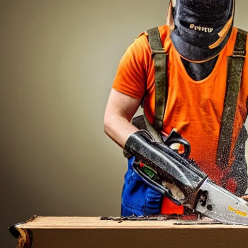 Prompt: man with chainsaw cutting a book in half, dust flying