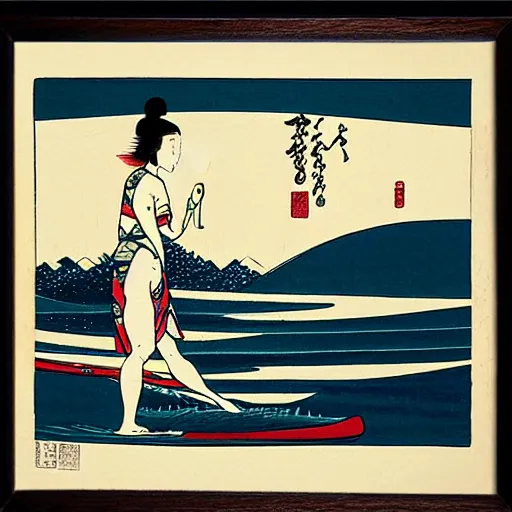 Image similar to girl stand up paddle board sup, woodblock print, style of hokusai, fine art, style of kanagawa, painting