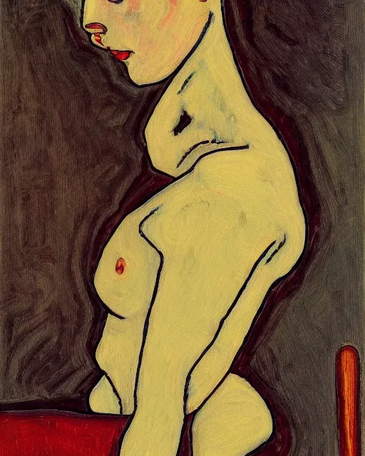 Image similar to portrait of young female robot on the sofa, in the style of Egon Schiele