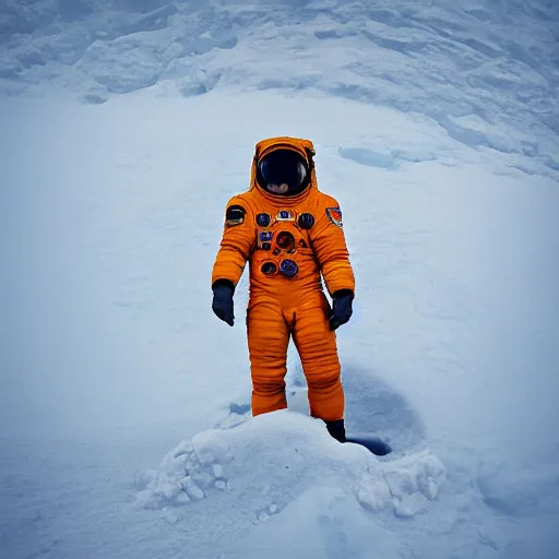 Image similar to astronaut in orange polar exploration suit crouching down in the snow behind a small plant