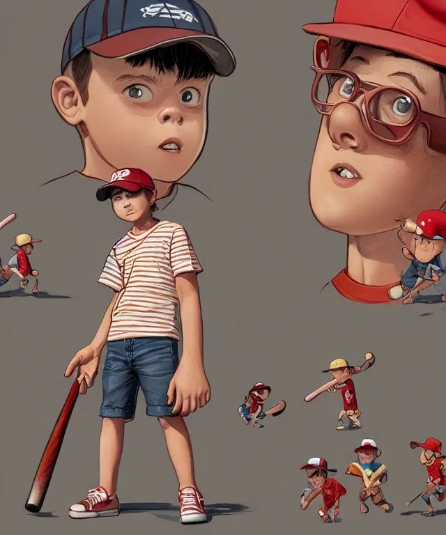 Image similar to a young boy wearing a horizontal striped shirt and a red baseball cap and jean shorts, holding a baseball bat, digital painting, artstation, concept art, sharp focus, octane render, illustration, art by geof darrow,