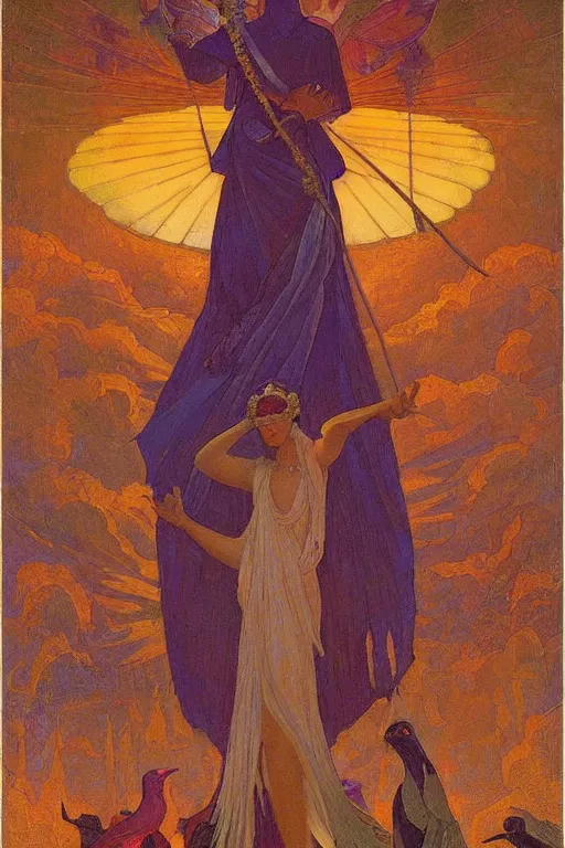 Image similar to queen of the dawn with her lantern and birds, by Nicholas Roerich and jean delville and Annie Swynnerton, elaborate headdress and embroidered velvet, iridescent beetles, rich color, dramatic cinematic lighting, extremely detailed