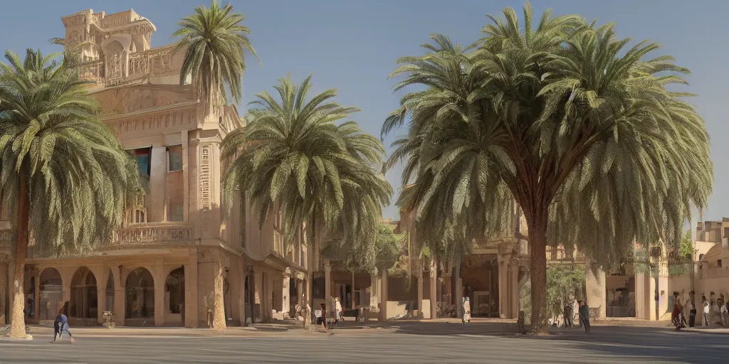 Prompt: khedival opera house, talaat Harb Square cairo, google street view, realistic rendering by pixar, dappled afternoon sunlight, acacia trees, date palm trees, shrubs, flowers, 4k, hyper realistic, fujifilm, octane render, artstation