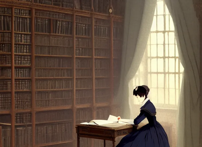 Prompt: victorian britain 1 8 3 5, older paler florence nightingale sitting writing letters in the library of a english victorian manor. light from a window on the left, dull colours, finely detailed perfect art, gapmoe yandere grimdark, trending on pixiv fanbox, painted by greg rutkowski makoto shinkai takashi takeuchi studio ghibli