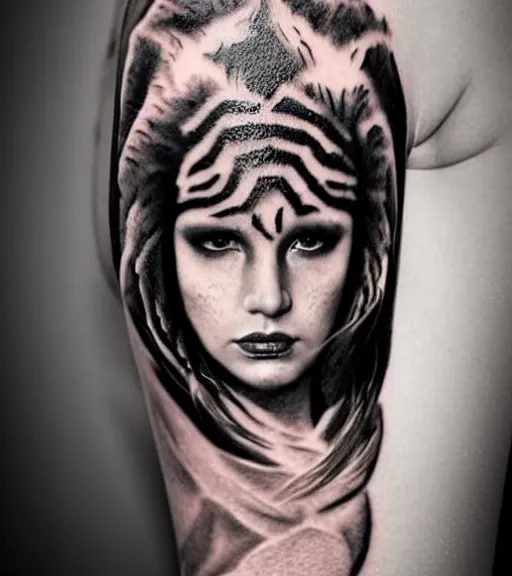 Image similar to tattoo design of a beautiful girl warrior under a tiger head, hyper realistic, realism tattoo, by eliot kohek, beautiful eyes, realistic face, black and white, white background