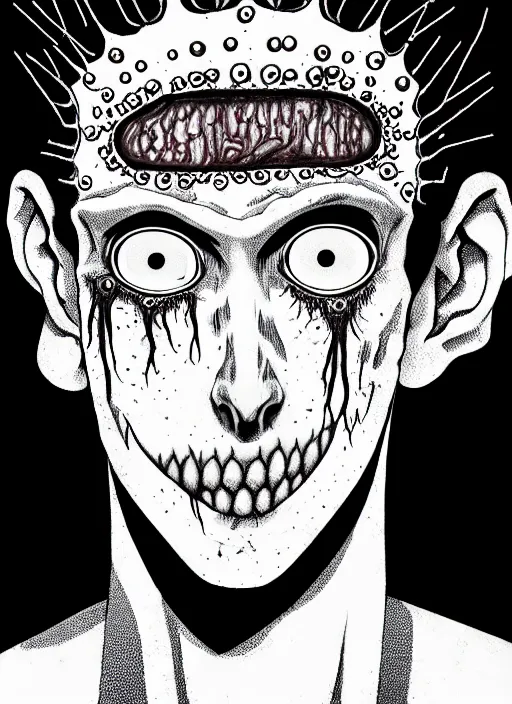 Image similar to junji ito style portrait of zombie teenage jughead jones wearing a light grey crown, zombie, crown, rotting skin, blind eyes, white eyes, crown, black hair, intricate, highly detailed, illustration, art by junji ito