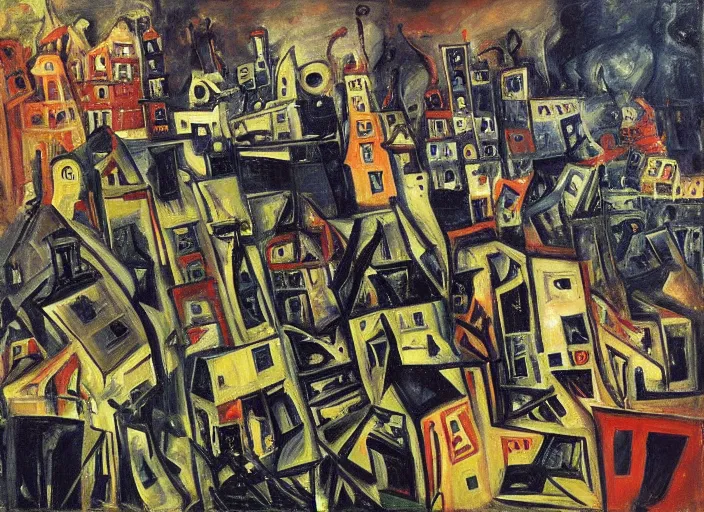 Prompt: a cityscape of chaos, houses, trees and hell in style of Chaim Soutine and Frank Auerbach and Bosch