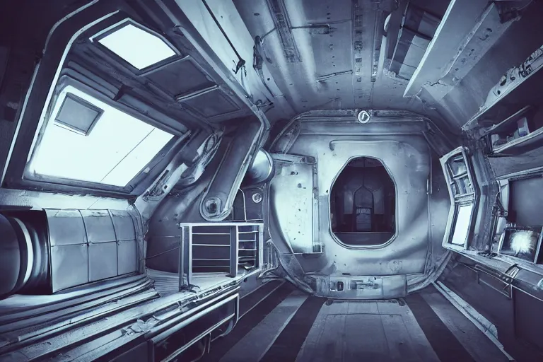 Image similar to small sleeping quarters inside rocket ship with gray metallic factory engine walls and small window looking into space, details, sharp focus, intricate, high definition, movie set, retro, 1970s, 1980s, sci-fi, digital Art, 3D, realistic photograph, lucasfilm