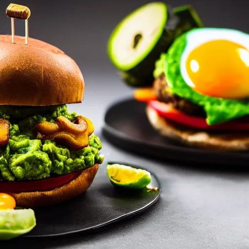 Prompt: juicy vegan hamburger topped with guacamole, fried onion and a vegan fried egg, crispy buns, 8 k resolution, professional food photography, studio lighting, sharp focus, hyper - detailed