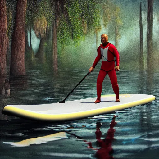 Image similar to ! dream star trek tng mr. worf paddleboarding in swamp by highway man painting, photorealistic, high resolution, vray, hdr, hyper detailed, insane details, intricate, elite, ornate, elegant, luxury, dramatic lighting, octane render, weta digital, micro details, 3 d sculpture