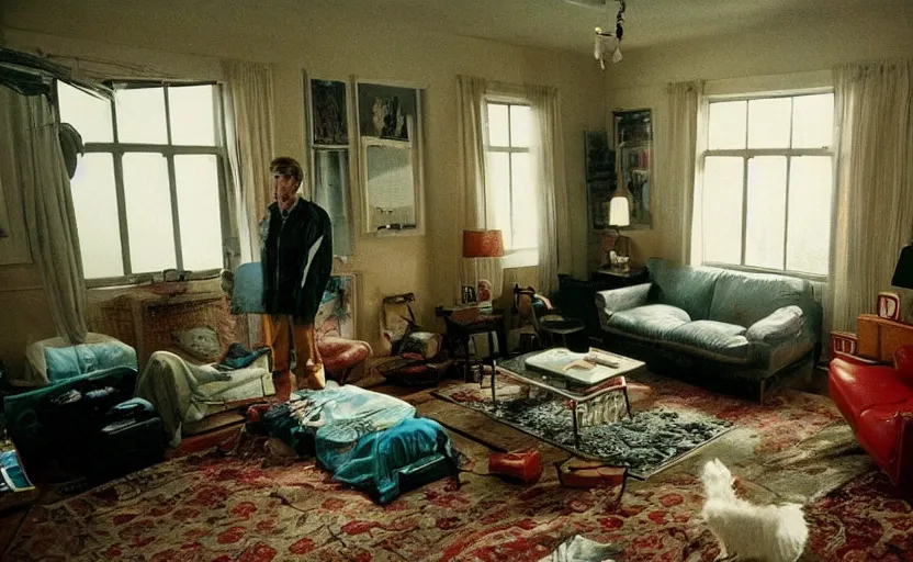 Image similar to a moody photograph of a 9 0 s living room, gregory crewdson, wes anderson