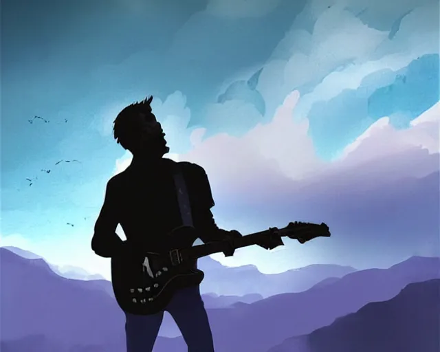 Image similar to A slightly silhouetted figure of a man with a guitar, clouds that look like mountains high in the sky, the clouds are a deep blue purple color with the sun blazing behind the clouds, deep focus, D&D, fantasy, intricate, elegant, highly detailed, digital painting, artstation, concept art, matte, sharp focus, illustration, hearthstone, art by Andreas Rocha and Esao Andrews