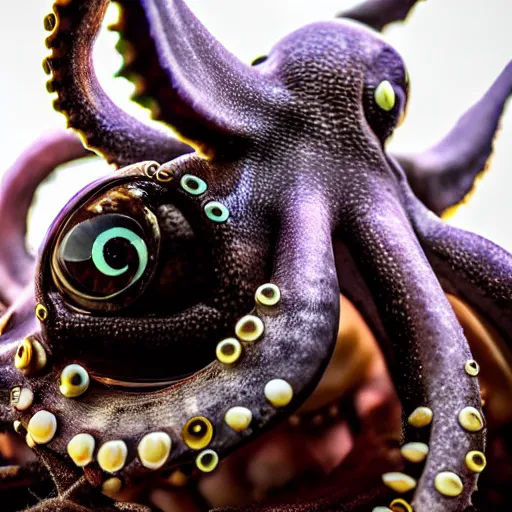 Image similar to a close up of an octopus with large eyes, a macro photograph by craola, lovecraftian, grotesque, macro photography