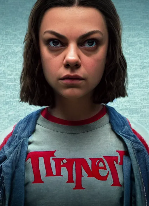 Image similar to Mila Kunis cast as Eleven, still from Stranger Things movie, hyperrealistic, 8k, Octane Render,