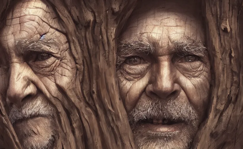 Image similar to an old man's face made of bark and wood in a tree, magical, fantasy art, 8k hdr pixiv dslr photo by Makoto Shinkai ilya kuvshinov and Wojtek Fus, digital art, concept art,