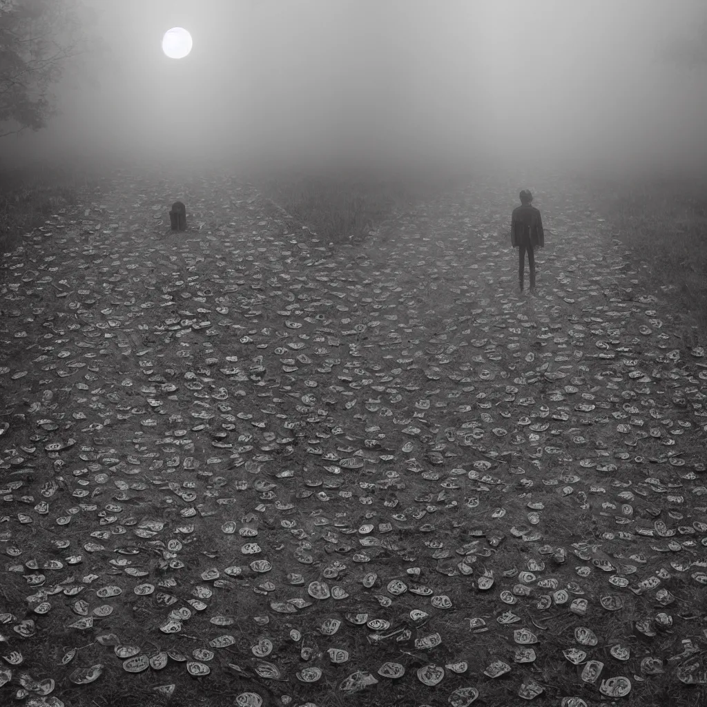 Image similar to path made of skulls, fog, moonlight, scary humanoid standing in the middle