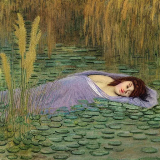 Image similar to ophelia, laying flat submerged in water floating down the river amongst the reeds fully covered in robes and lake foliage weeds reeds fully clothed in flowing medieval robes by rosetti and monet, 8 k