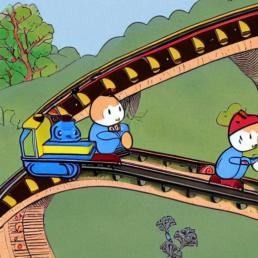 Image similar to An illustration of the trolley problem where Thomas the Tank engine is to the point of crushing the Sylvanian family who lay on the rails in front of him